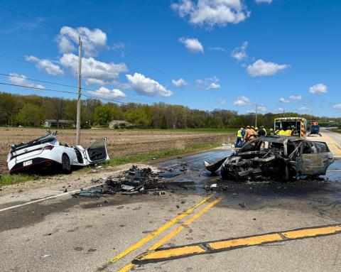 Wreckage of head-on crash. Photo from Twin Lakes Fire/Rescue. 