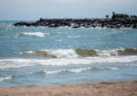 Waves lap up onto the Lake Michigan shore Wednesday, July 9, 2025, in Sheboygan, Wis. Angela Major/WPR