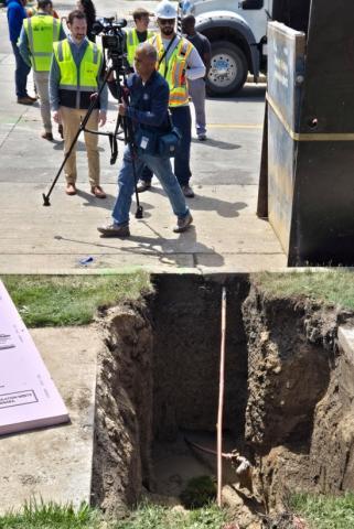 A photo of an exposed lead water line on High St. in Racine