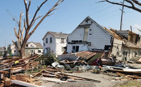 Homes show severe damage in Menahsa, Wis. after the area was hit with a tornado on Monday July 27, 2026. Joe Schulz/WPR