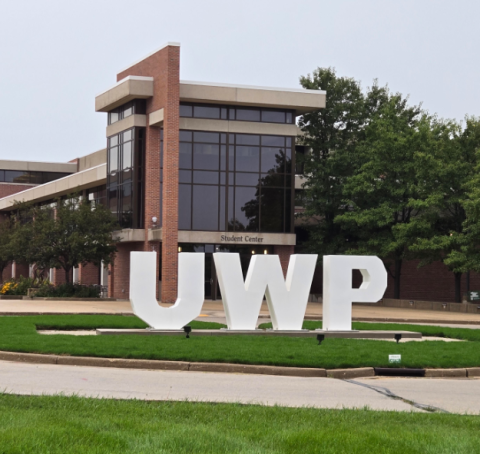 The letters "UWP" stand tall in front of Parkside's student center. 
