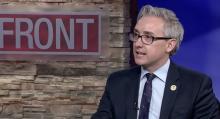 Photo of Milwaukee alder announcing 1st district candidacy on the set of the WISN program 'Upfront". 