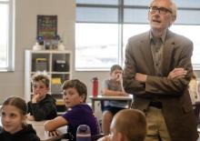 Gov. Tony Evers visits a class Monday, May 11, 2026, in Barneveld, Wis. Angela Major/WPR. 
