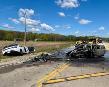 Wreckage of head-on crash. Photo from Twin Lakes Fire/Rescue. 