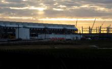 The sun sets as construction continues at Microsoft’s data center project Nov. 13, 2025, in Mount Pleasant, Wis. Joe Timmerman/ Wisconsin Watch.