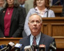 Republican Assembly Speaker Robin Vos stands with fellow Republicans for a press conference to discuss a proposed property tax agreement Wednesday, May 13, 2026, at the Wisconsin State Capitol in Madison, Wis. Angela Major/WPR